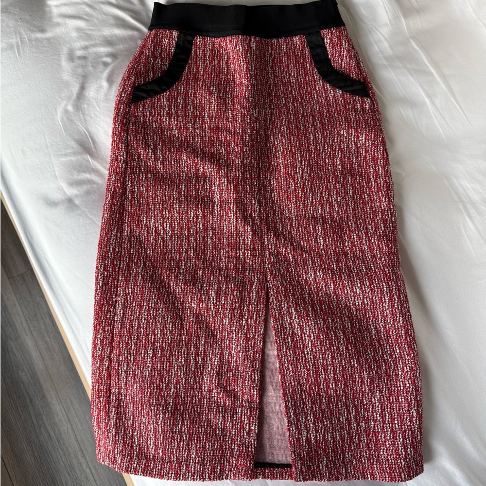 Maje size two red tweed skirt pocket black split